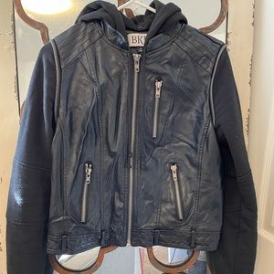 BKE pleather hoodie jacket. Fitted and hits at waistline.